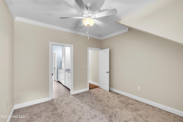 413 Miles Cv, Brandon, MS 39047 - unfurnished bedroom with carpet flooring, crown molding, baseboards, a ceiling fan, and ensuite bath