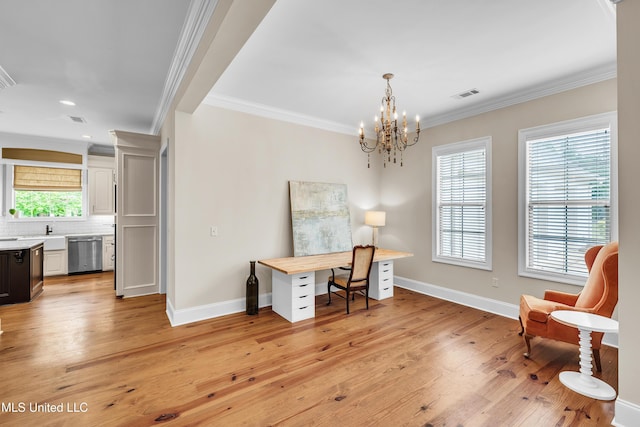413 Miles Cv, Brandon, MS 39047 - office featuring ornamental molding, baseboards, light wood-style flooring, a chandelier, and recessed lighting
