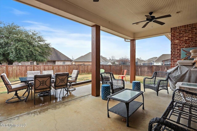 view of patio featuring outdoor lounge area, ceiling fan, and area for grilling