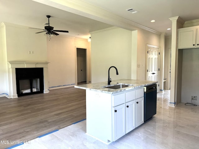 6 Hedges Plantation Pl, Natchez, MS 39120 - kitchen with a sink, crown molding, dishwasher, open floor plan, and light stone countertops