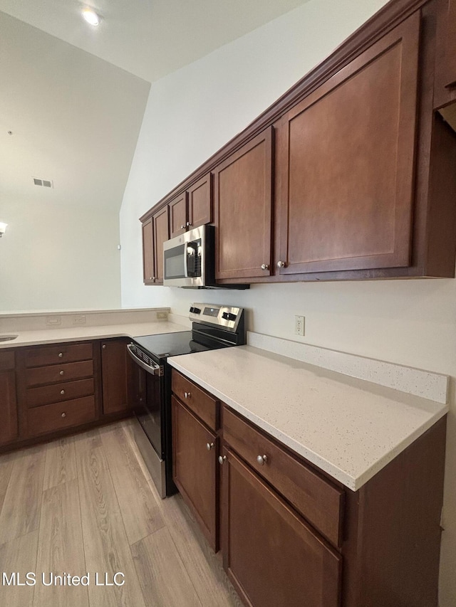 8911 Oak Branch Ln, Olive Branch, MS 38654 - kitchen featuring appliances with stainless steel finishes, lofted ceiling, light wood-style floors, and dark brown cabinetry