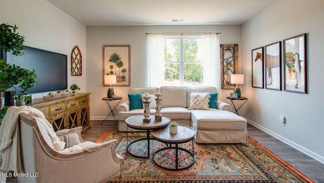 living room with wood finished floors and baseboards