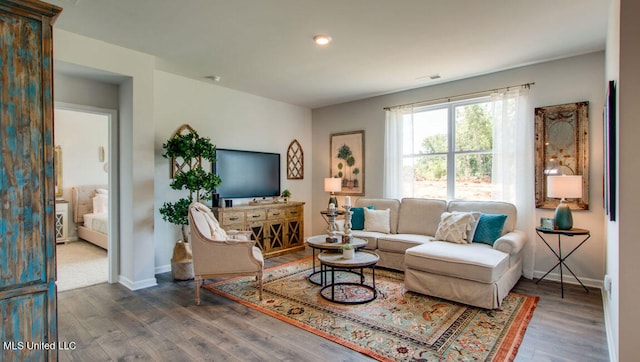 living room featuring wood finished floors, baseboards, and recessed lighting