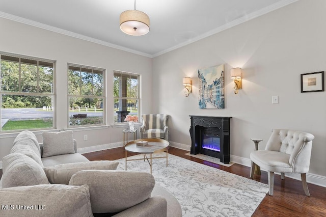 living area featuring ornamental molding, a fireplace with flush hearth, baseboards, and wood finished floors