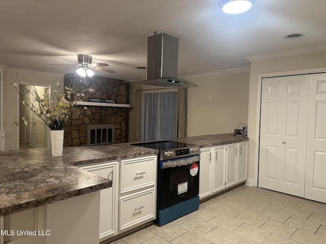 kitchen featuring white cabinetry, stainless steel range with electric stovetop, island exhaust hood, ornamental molding, and kitchen peninsula