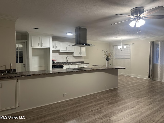 kitchen with sink, island range hood, ornamental molding, dark hardwood / wood-style flooring, and white cabinets