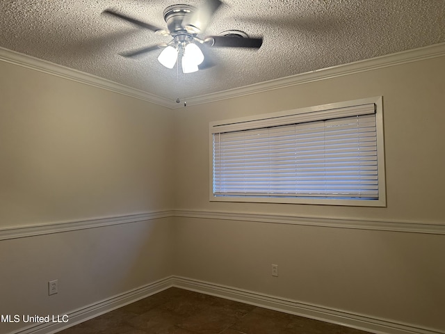 unfurnished room featuring ceiling fan, crown molding, and a textured ceiling