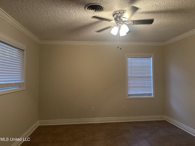 empty room featuring a textured ceiling, ornamental molding, and ceiling fan