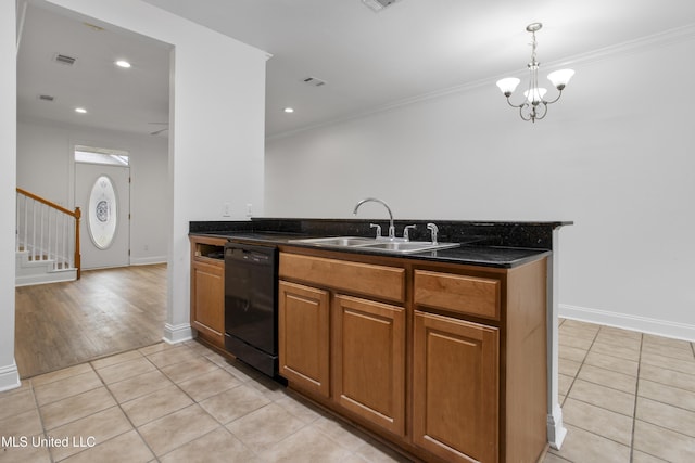 kitchen featuring ornamental molding, black dishwasher, sink, and light tile patterned floors