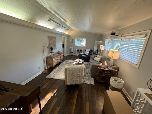 living area featuring dark wood finished floors, wooden ceiling, baseboards, and lofted ceiling