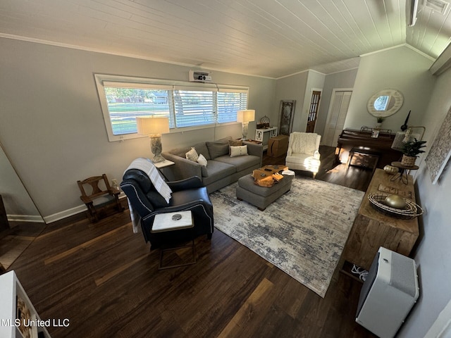 living room featuring vaulted ceiling, crown molding, wood finished floors, and wooden ceiling