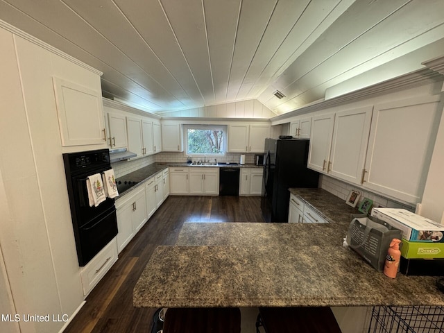 kitchen with dark wood-style floors, lofted ceiling, decorative backsplash, black appliances, and under cabinet range hood