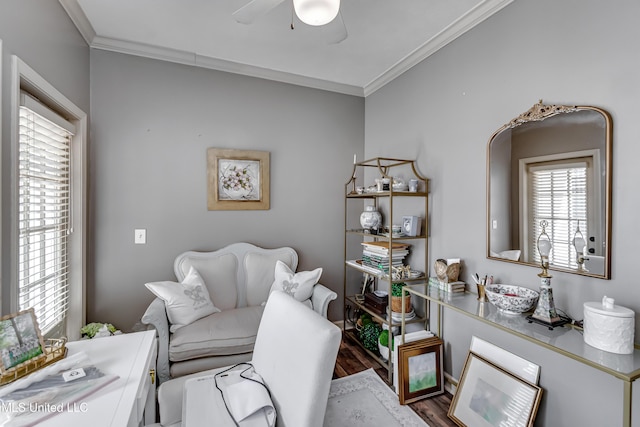 221 Boxwood Cir, Brandon, MS 39047 - living area featuring ceiling fan, crown molding, and wood finished floors