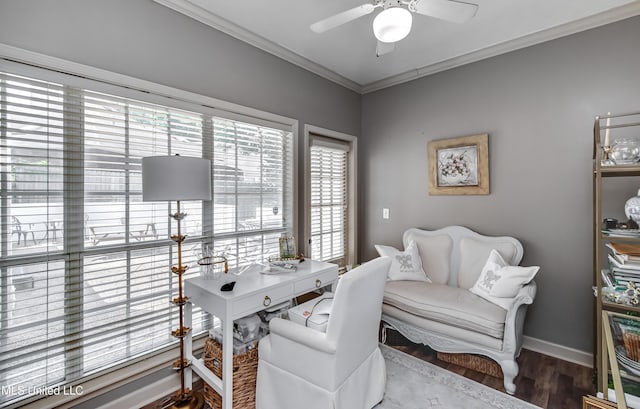 221 Boxwood Cir, Brandon, MS 39047 - office featuring crown molding, a ceiling fan, wood finished floors, and baseboards