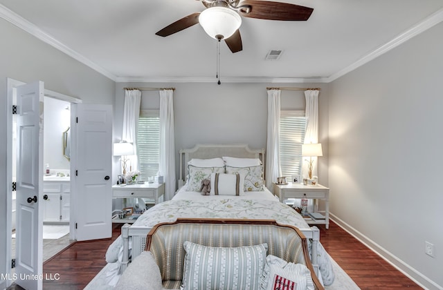 221 Boxwood Cir, Brandon, MS 39047 - bedroom featuring crown molding, dark wood finished floors, ceiling fan, baseboards, and ensuite bath