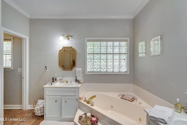 221 Boxwood Cir, Brandon, MS 39047 - full bath with vanity, healthy amount of natural light, a whirlpool tub, crown molding, and tile patterned flooring