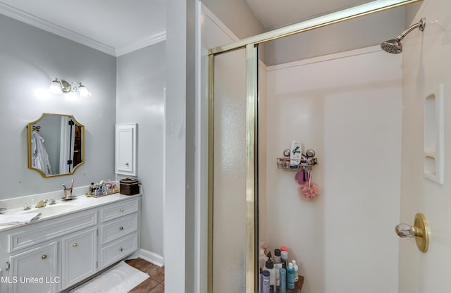 221 Boxwood Cir, Brandon, MS 39047 - full bath featuring a stall shower, vanity, ornamental molding, and tile patterned floors