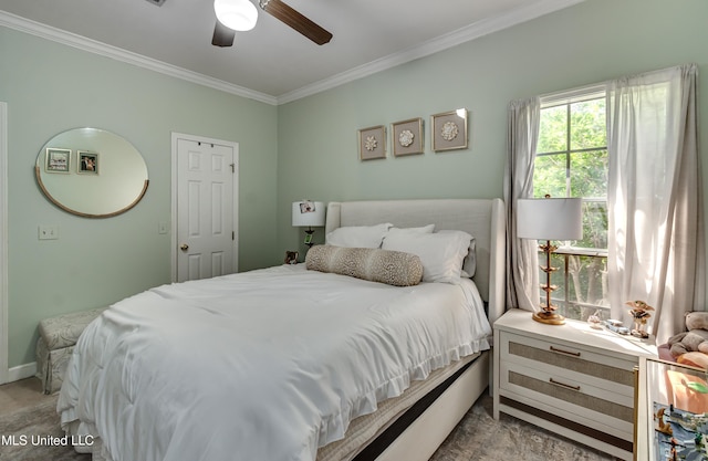 221 Boxwood Cir, Brandon, MS 39047 - bedroom featuring ornamental molding, ceiling fan, baseboards, and carpet floors