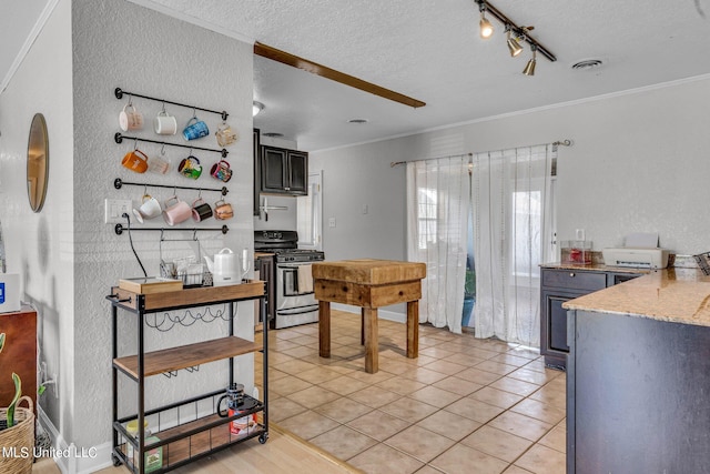 kitchen with crown molding, light tile patterned floors, stainless steel range with gas stovetop, light stone counters, and a textured ceiling