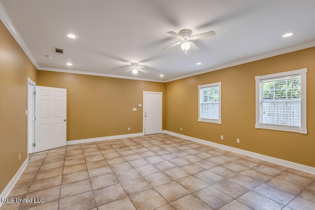19 Poplar Cir, Gulfport, MS 39507 - empty room featuring a ceiling fan, recessed lighting, ornamental molding, light tile patterned floors, and baseboards