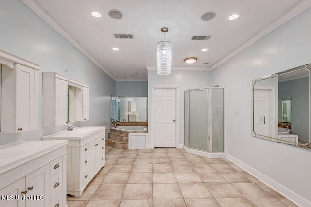 bathroom with separate shower and tub, tile patterned floors, and crown molding