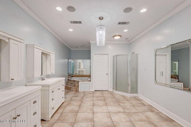 19 Poplar Cir, Gulfport, MS 39507 - bathroom with crown molding, a bath, a shower stall, two vanities, and tile patterned flooring