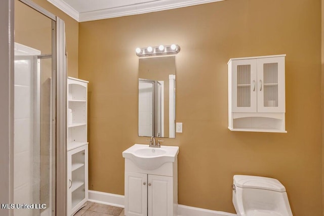 bathroom featuring walk in shower, tile patterned flooring, toilet, vanity, and ornamental molding