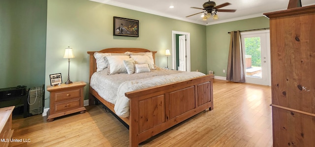 bedroom with ceiling fan, light hardwood / wood-style flooring, and crown molding