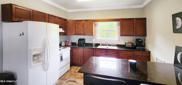 kitchen with sink, dark stone counters, white appliances, and ornamental molding