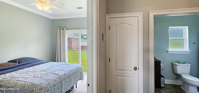 bedroom featuring ceiling fan and crown molding