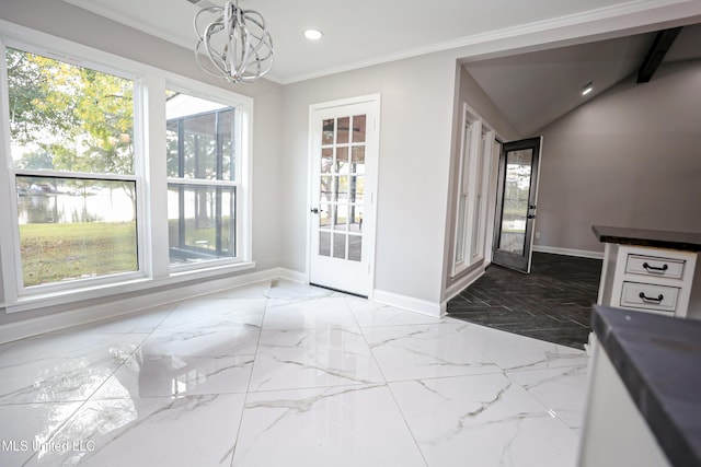 dining room with baseboards, marble finish floor, crown molding, and recessed lighting