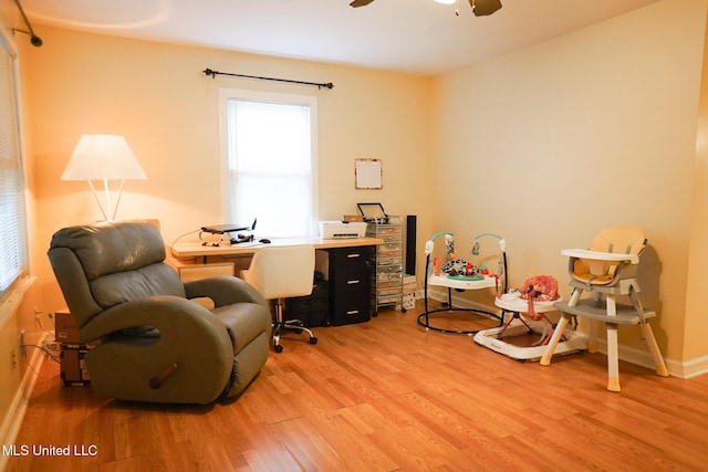 office area featuring ceiling fan and light wood-type flooring