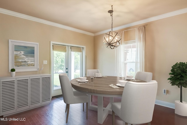 dining room with crown molding, dark hardwood / wood-style flooring, plenty of natural light, and a chandelier