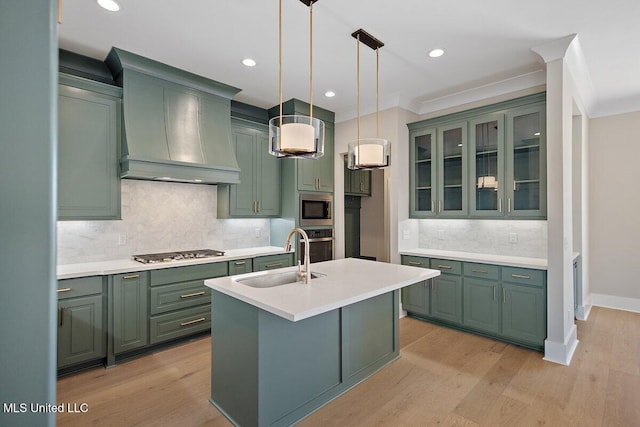 840 Glenwild Cir, Canton, MS 39046 - kitchen featuring green cabinetry, a sink, stainless steel appliances, custom exhaust hood, and light countertops