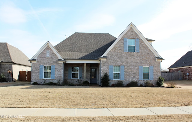 craftsman house featuring brick siding, a front yard, and fence