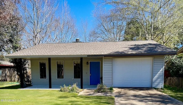 ranch-style home with driveway, an attached garage, covered porch, fence, and a front yard