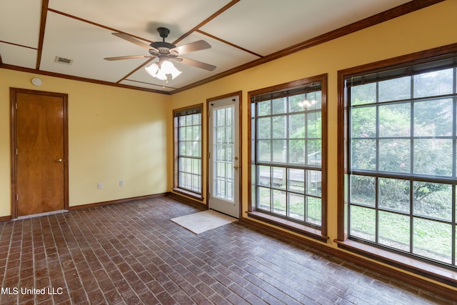 504 Hampton St, Clinton, MS 39056 - unfurnished room featuring ornamental molding, baseboards, brick patterned floors, and a ceiling fan