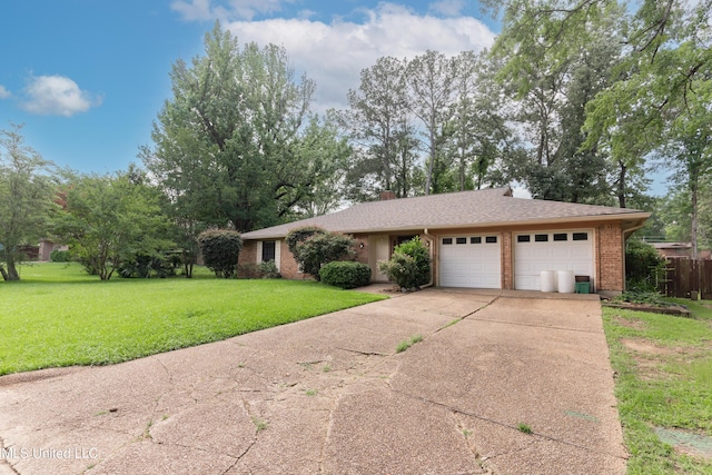 504 Hampton St, Clinton, MS 39056 - ranch-style house with an attached garage, driveway, brick siding, a front yard, and a shingled roof
