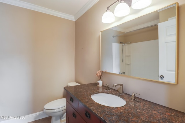 bathroom featuring ornamental molding, toilet, vanity, and a shower