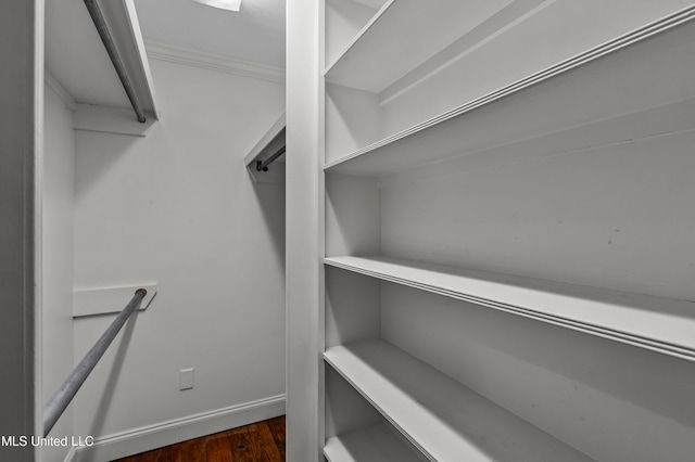 spacious closet with dark hardwood / wood-style flooring