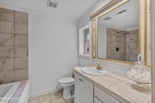 full bathroom featuring tile patterned floors, toilet, crown molding, vanity, and tiled shower / bath combo