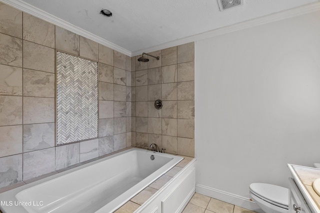 full bathroom featuring tiled shower / bath combo, vanity, tile patterned flooring, toilet, and crown molding