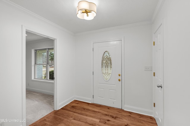 foyer entrance featuring ornamental molding and wood-type flooring