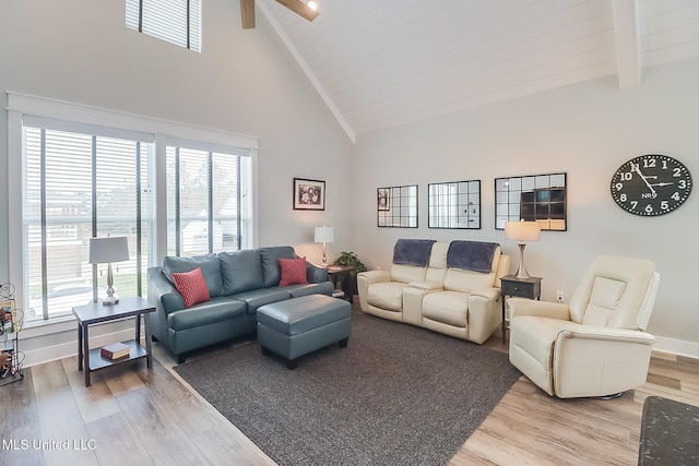 living room with beamed ceiling, wood-type flooring, and high vaulted ceiling