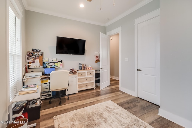 office with ornamental molding, hardwood / wood-style floors, and ceiling fan