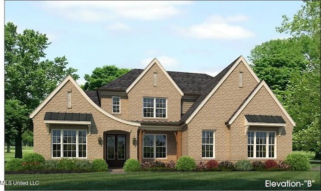 view of front facade featuring a front lawn and french doors