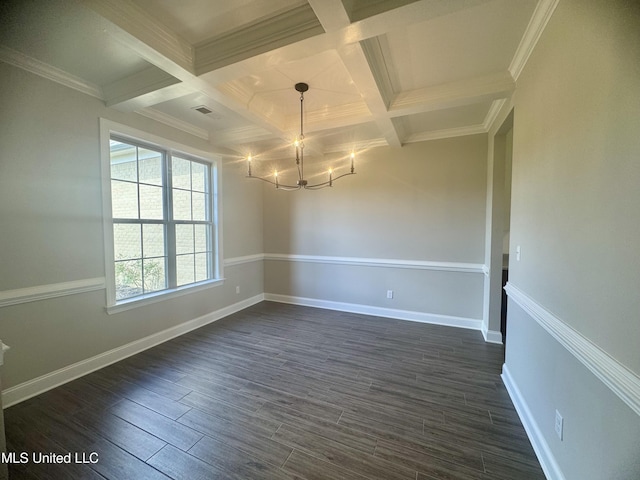 5322 Grays Valley Dr, Hernando, MS 38632 - spare room featuring coffered ceiling, a chandelier, dark wood-style flooring, and beam ceiling