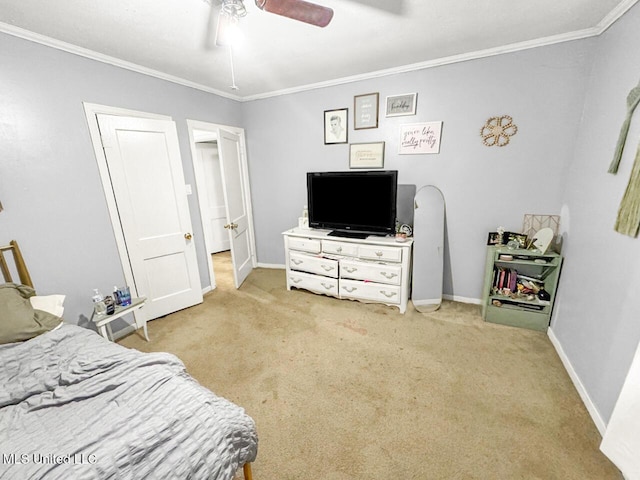 903 Kenwood Ln, Natchez, MS 39120 - bedroom featuring crown molding, ceiling fan, and light carpet