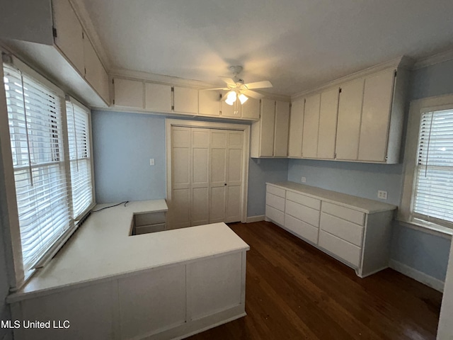 341 N Ruby Ave, Ruleville, MS 38771 - kitchen featuring dark wood finished floors, baseboards, light countertops, and a ceiling fan
