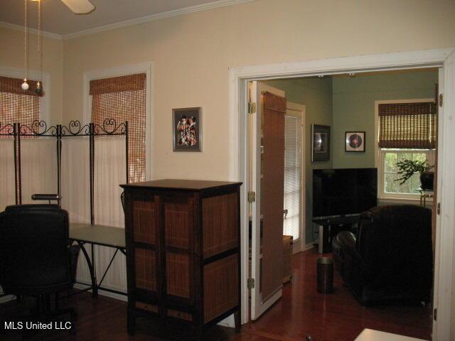 corridor featuring dark hardwood / wood-style floors, a wealth of natural light, and crown molding